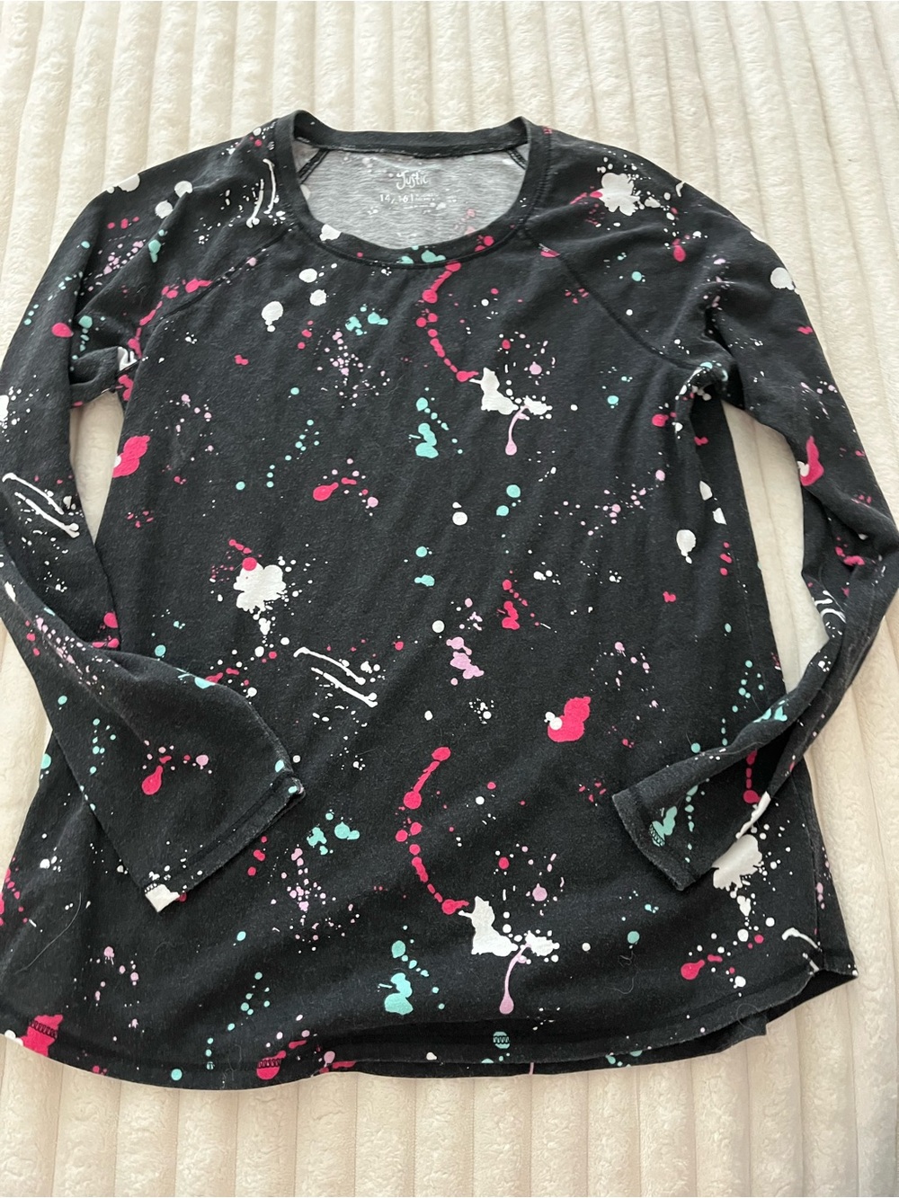 Justice Black Long Sleeve Top with Pink, Teal & White Paint-Splash